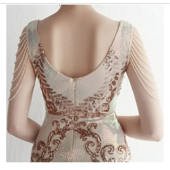Gold, Floral,V Neck, Round Back, Sleeveless,  Beaded, Sequined,  Mermaid… - Picture 3 of 13